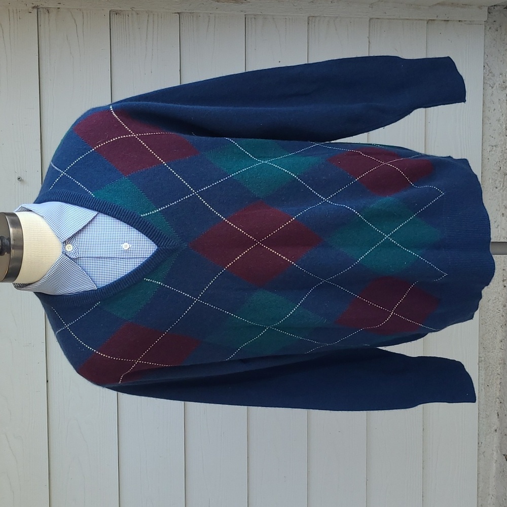 NEIMAN MARCUS Blue Red Green Argyle PURE CASHMERE Sz XL Mens V Neck Sweater VTG